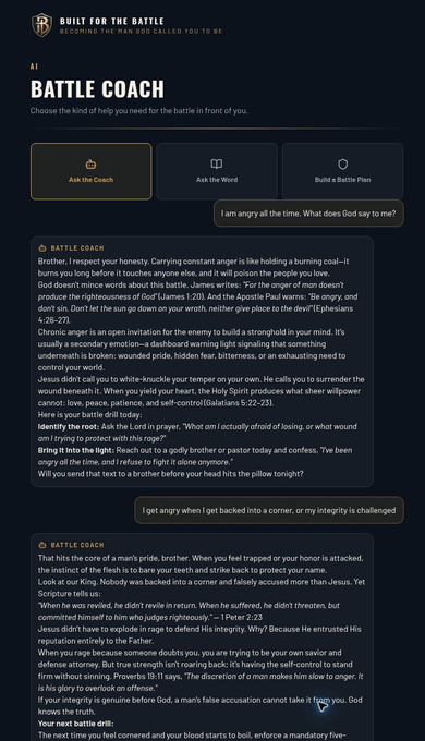 An actual Battle Coach conversation in the Built For The Battle app